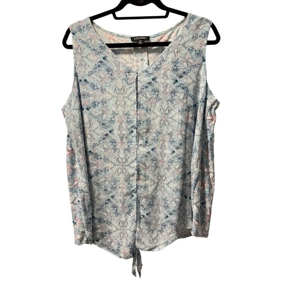 Roz & Ali Womens blouse Sz 1X Sleeveless Top With Tie Hem Blue & Pink Paisley - Picture 1 of 12